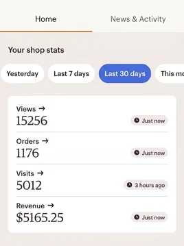 Etsy shop stats, last 30 days